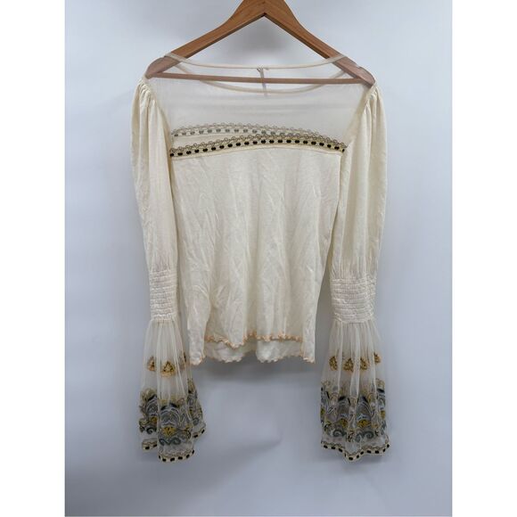 Free People Top Mesh Women Medium‎ White Bell Sleeve Embroidered Bohemian Fairy - Picture 7 of 12